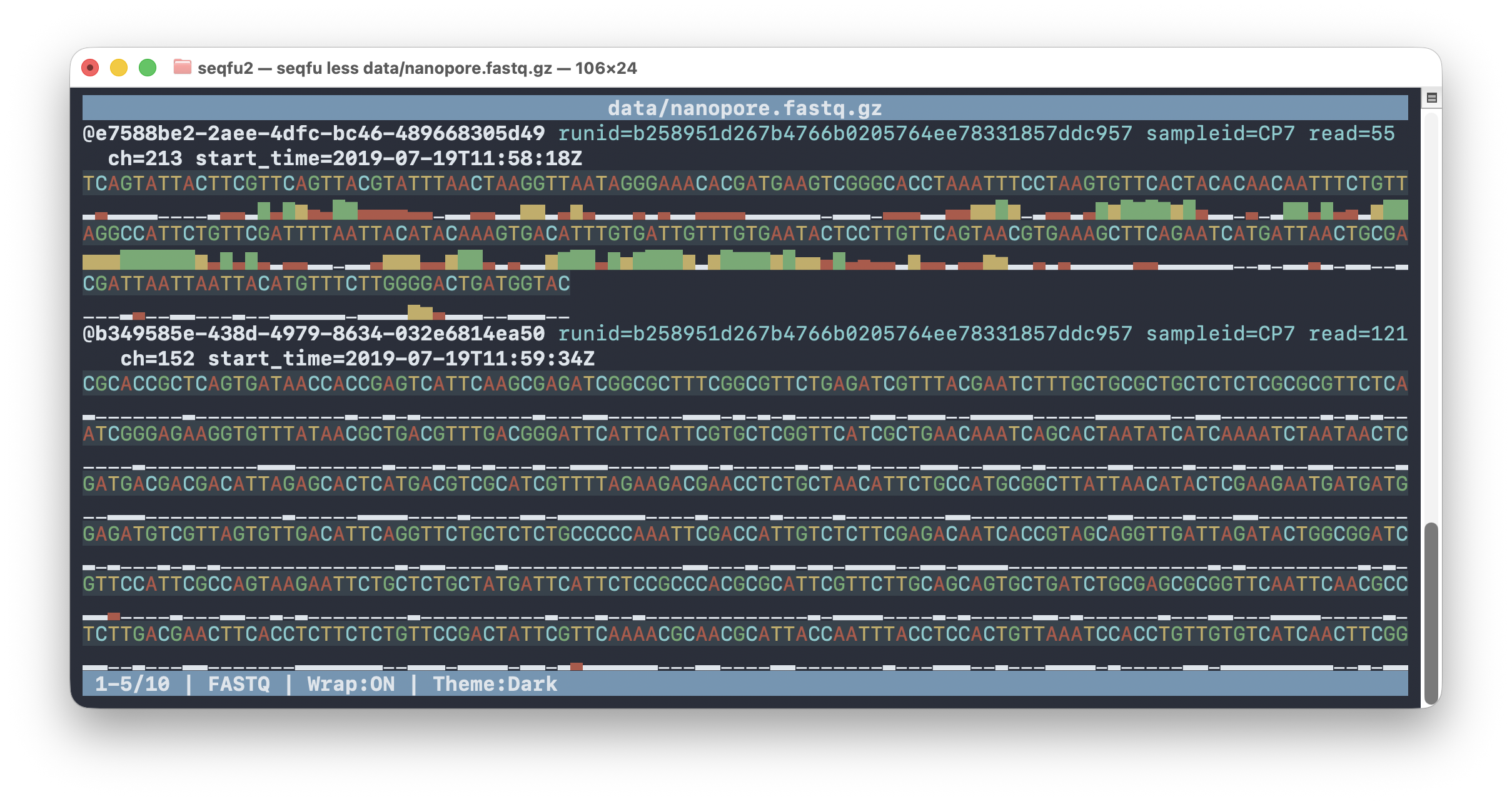 SeqFu less example Screenshot of "seqfu less"